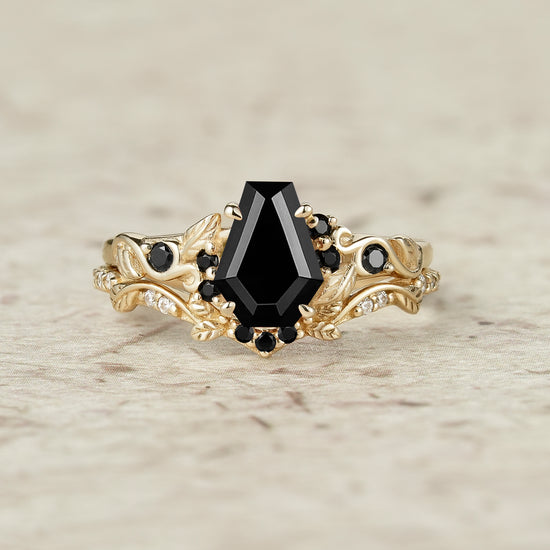 Nature's Embrace: Coffin Cut Black Onyx Leaf Ring Set - Penelope