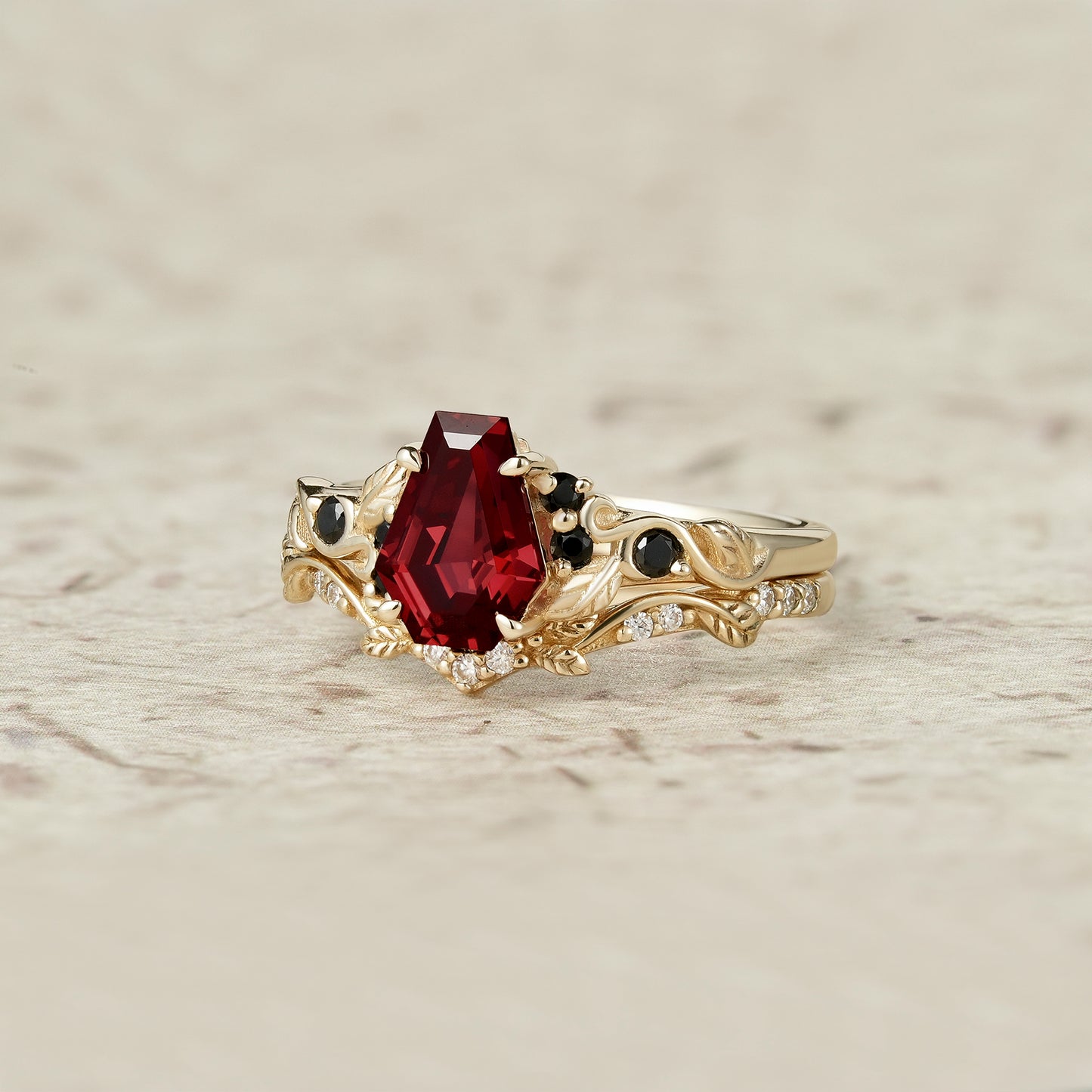 Nature's Embrace: Coffin Cut Ruby Leaf Ring Set - Penelope