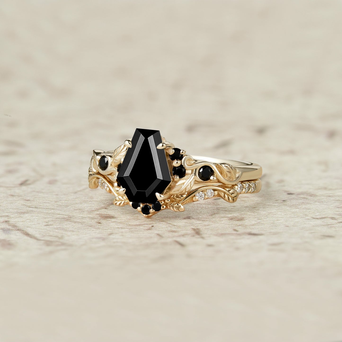 Nature's Embrace: Coffin Cut Black Onyx Leaf Ring Set - Penelope