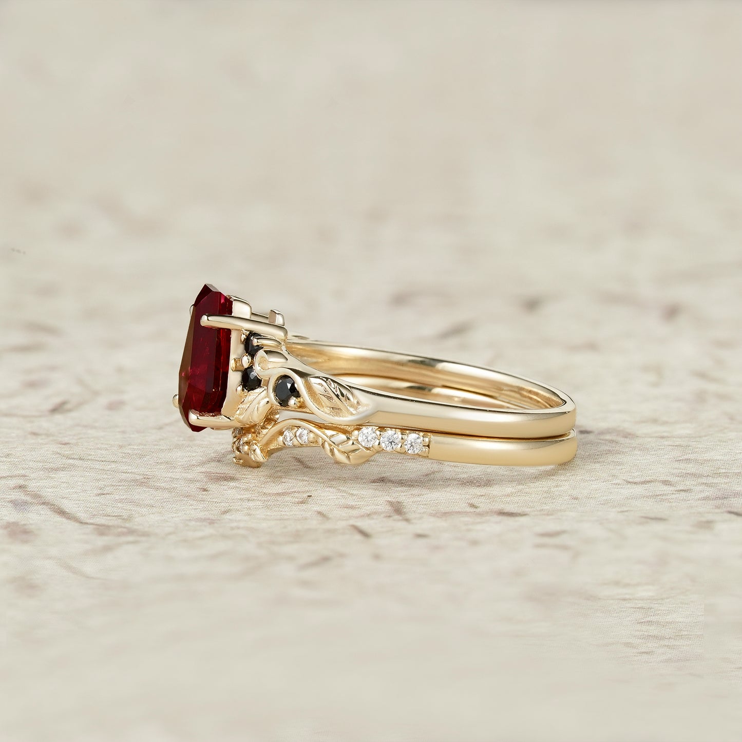 Nature's Embrace: Coffin Cut Ruby Leaf Ring Set - Penelope