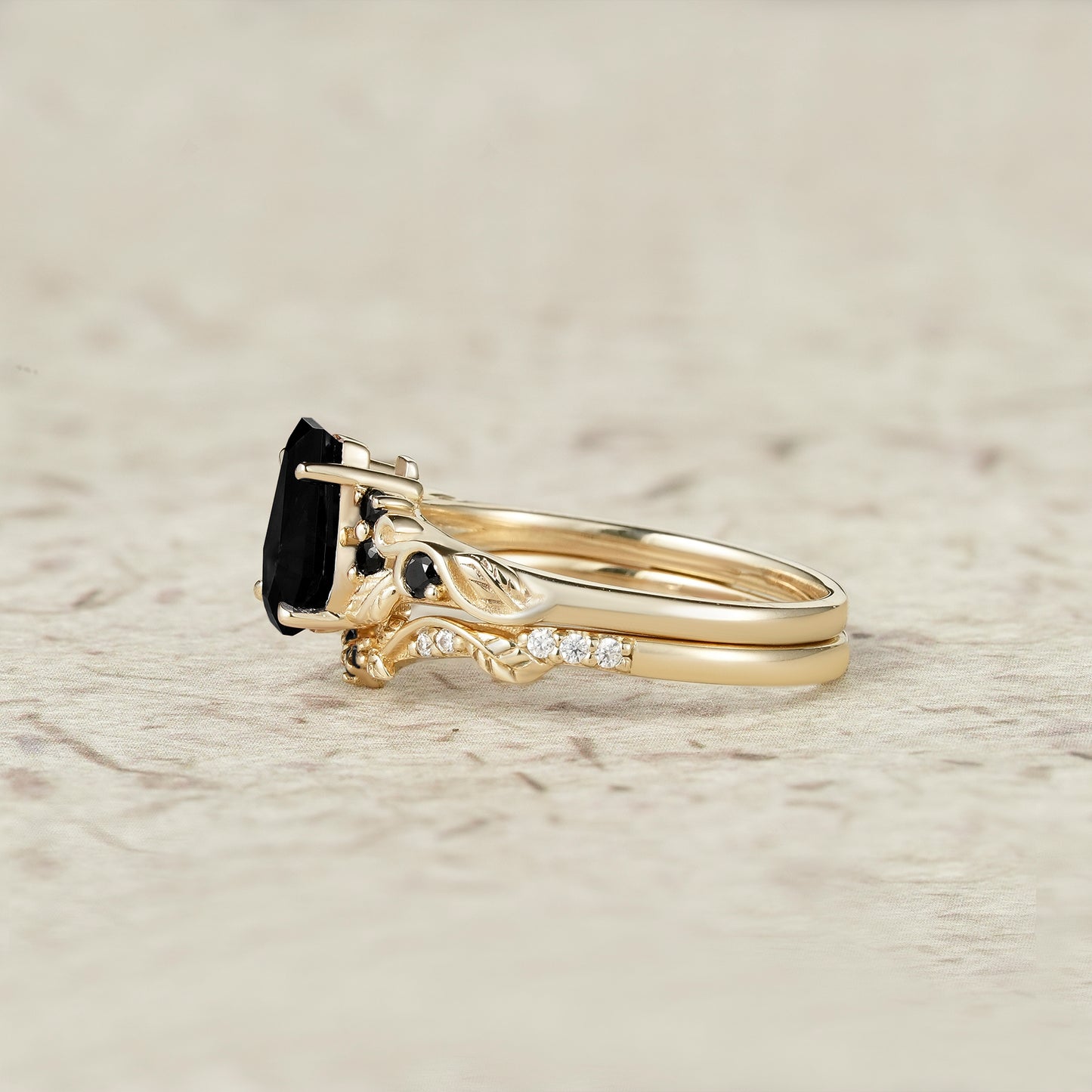 Nature's Embrace: Coffin Cut Black Onyx Leaf Ring Set - Penelope