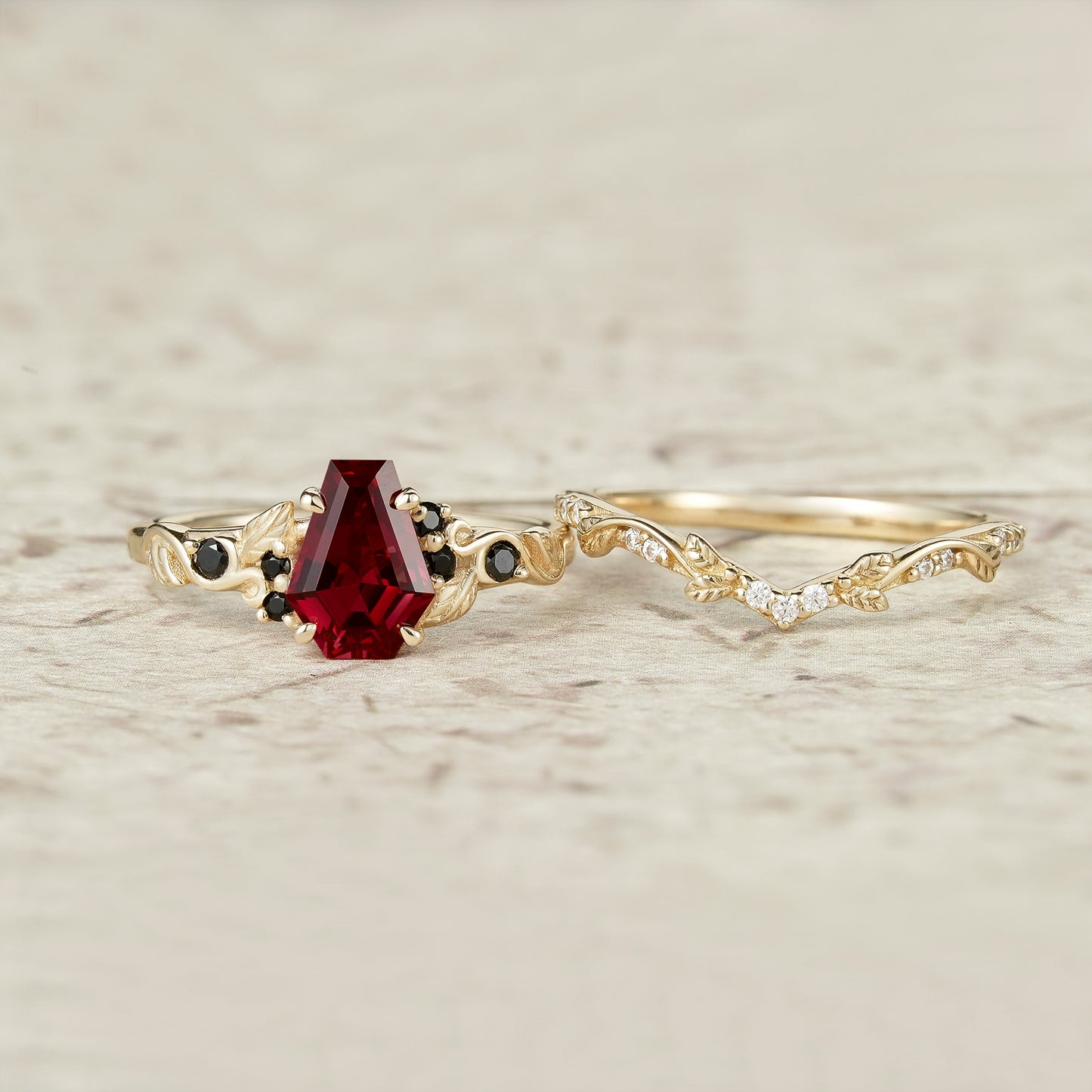 Nature's Embrace: Coffin Cut Ruby Leaf Ring Set - Penelope