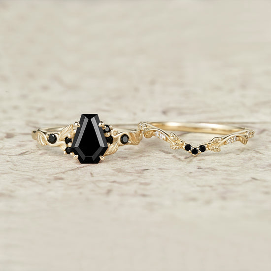 Nature's Embrace: Coffin Cut Black Onyx Leaf Ring Set - Penelope