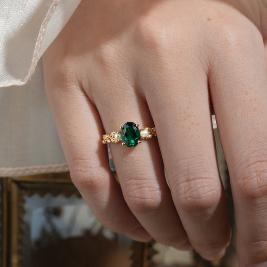 Emerald Leaf Vine Ring with Pearls & Moissanite - Orla