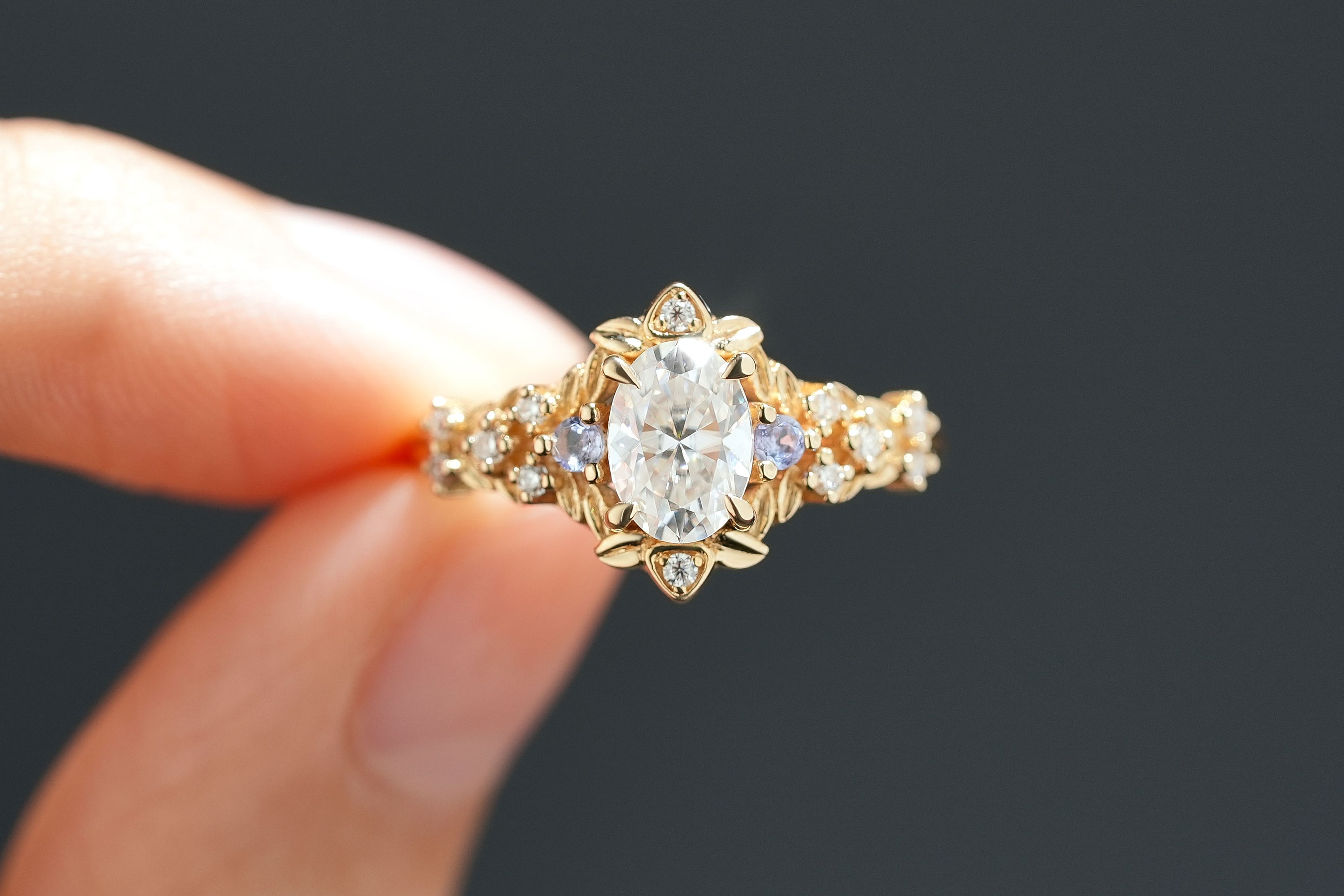 crossed leaf moissanite rings