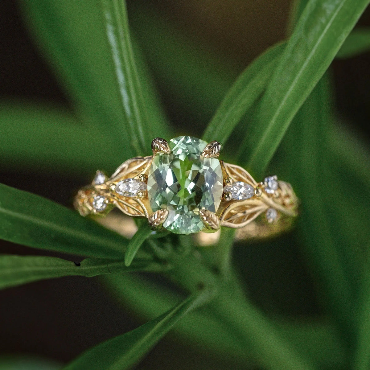 Oval Cut Green Sapphire Leaf Claws Nature Inspired Engagement Ring - Karen
