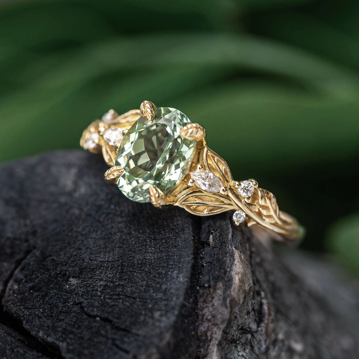 Oval Cut Green Sapphire Leaf Claws Nature Inspired Engagement Ring - Karen
