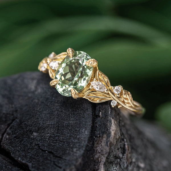 Oval Cut Green Sapphire Leaf Claws Nature Inspired Engagement Ring - Karen