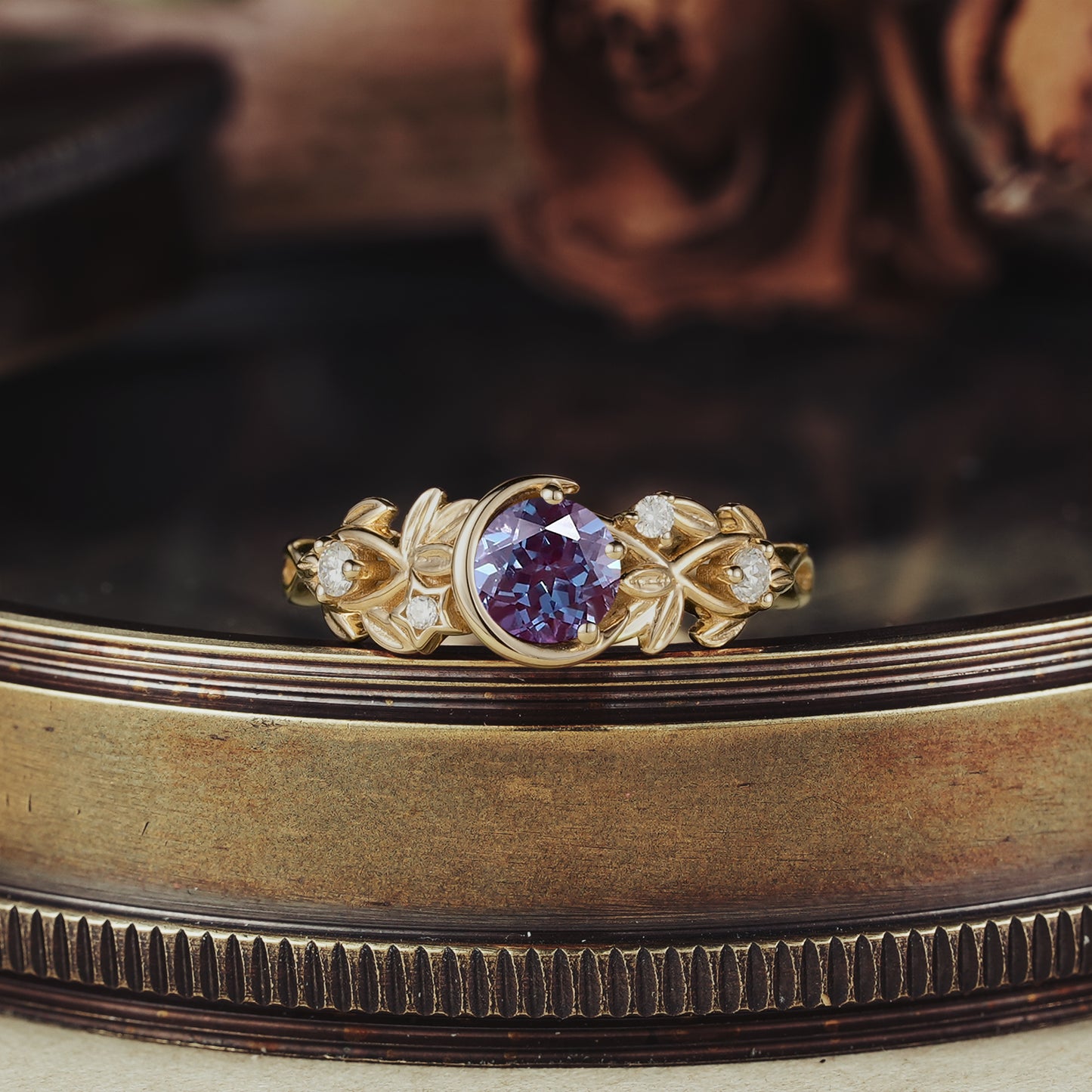 Celestial Blossom Alexandrite ring with floral design and moissanite accents