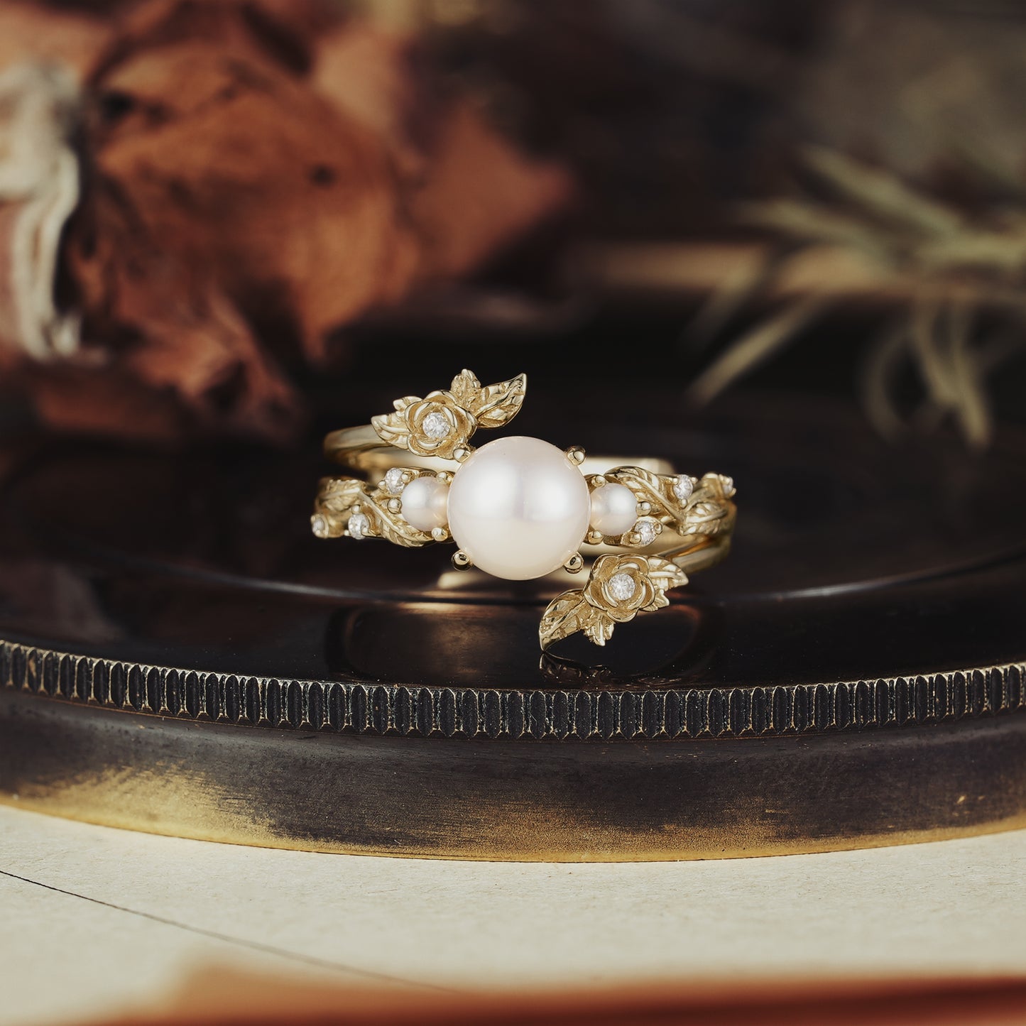 Rose Blossom pearl ring set with floral design in gold featuring Akayo pearl