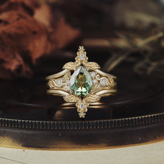 Green Sapphire Leaf Ring Set - Seraphina