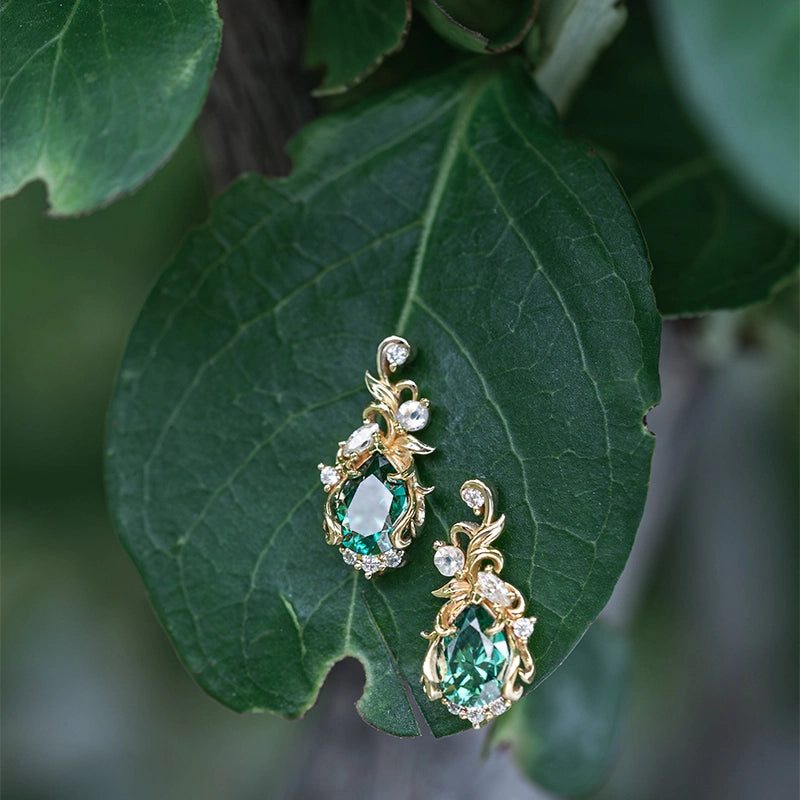 Green Moissanite Art Nouveau Inspired Stud Earrings | GemsMagic