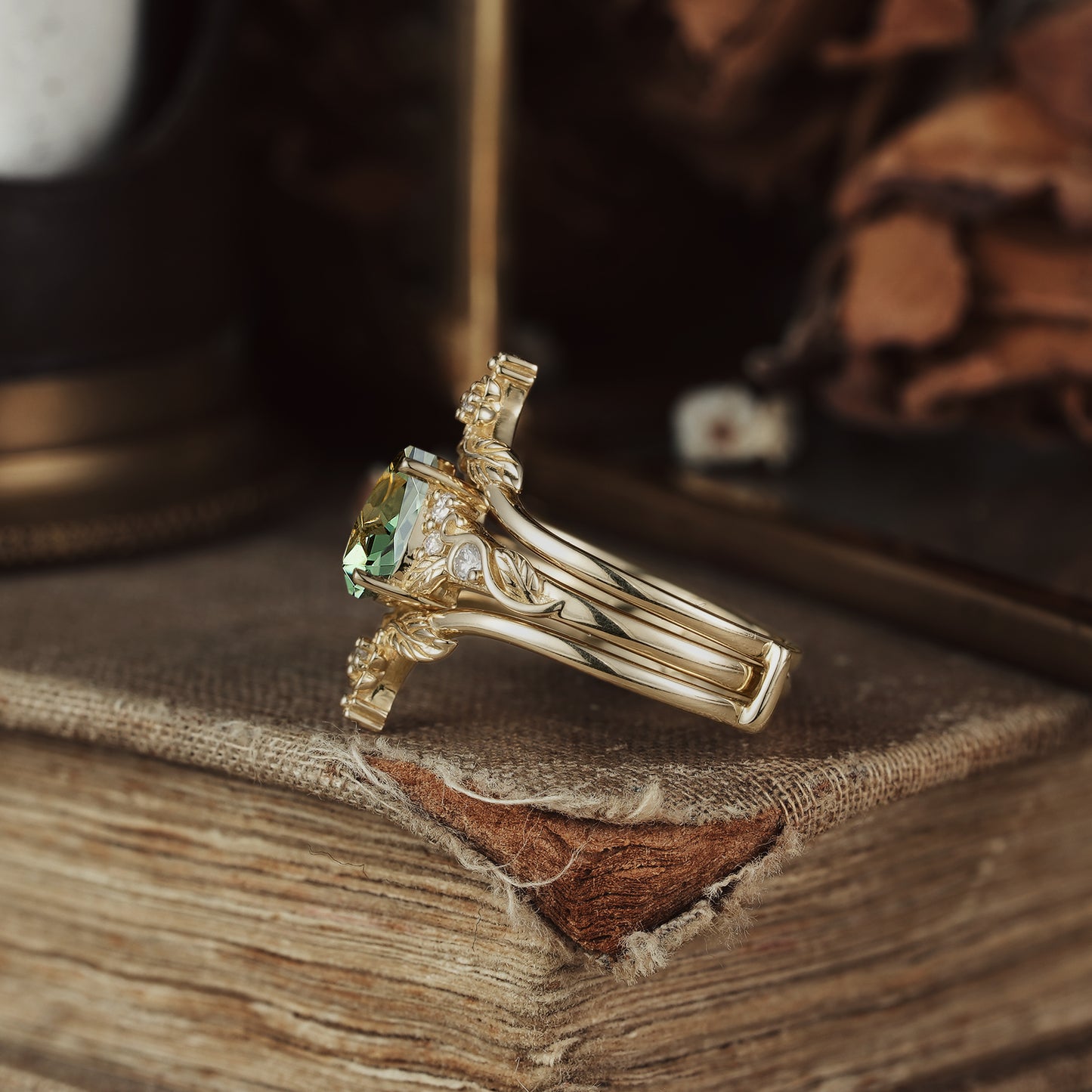 Green Sapphire Leaf Ring Set - Seraphina