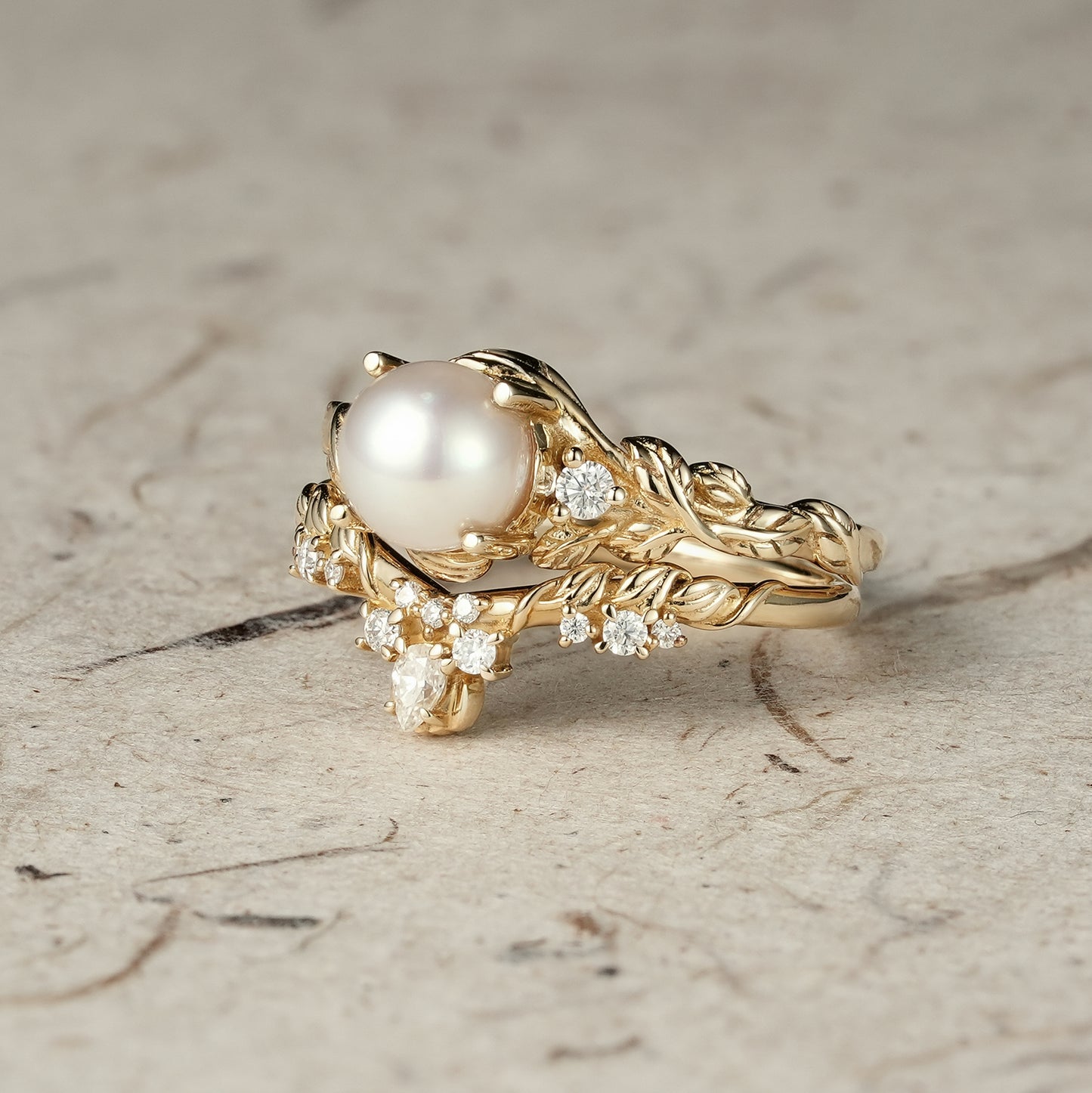 Embrace of Nature: Pearl Leaf Ring Set