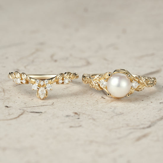 Embrace of Nature: Pearl Leaf Ring Set