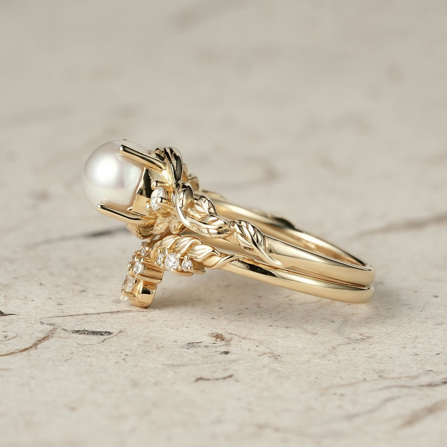 Embrace of Nature: Pearl Leaf Ring Set