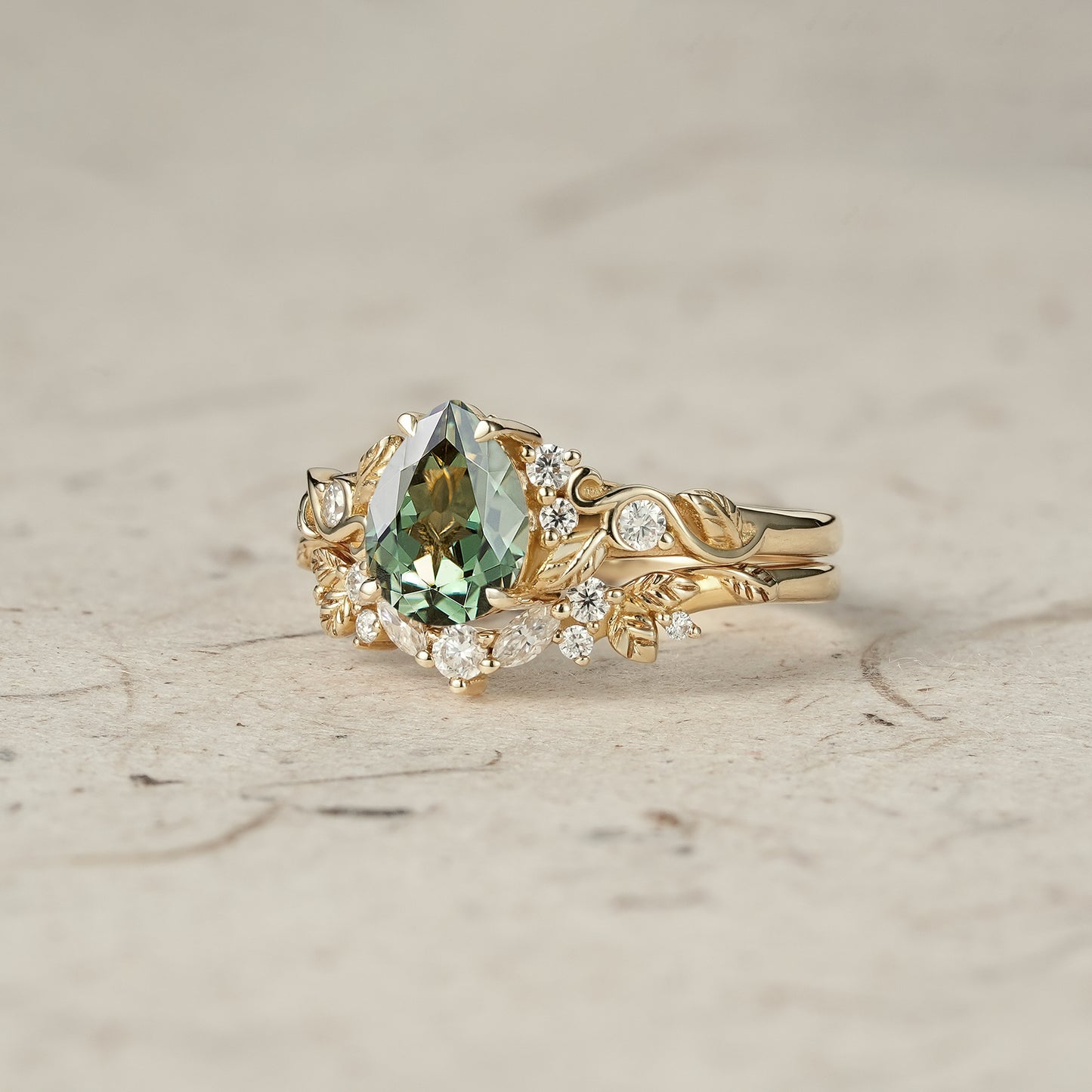 Nature's Embrace: Green Sapphire Leaf Ring Set - Rejina