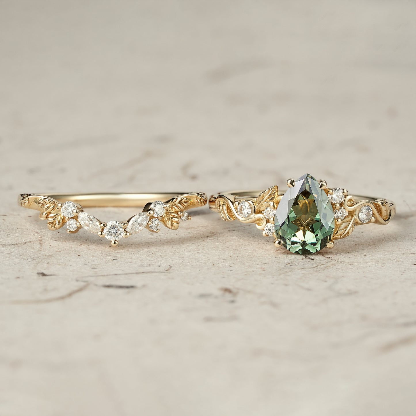 Nature's Embrace: Green Sapphire Leaf Ring Set - Rejina