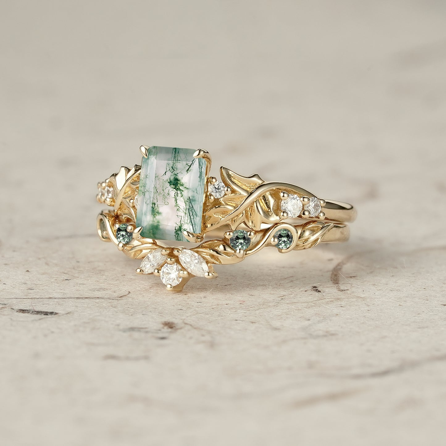 Enchanted Forest Emerald Cut Moss Agate Ring Set