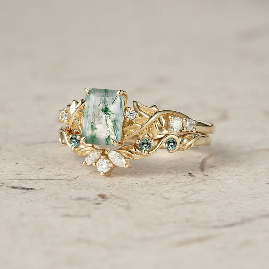 Enchanted Forest Emerald Cut Moss Agate Ring Set