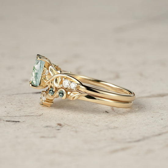 Enchanted Forest Emerald Cut Moss Agate Ring Set