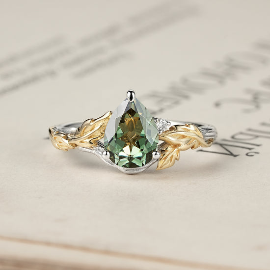 Forest Whispers: Leaf and Wood Pattern Green Sapphire Ring