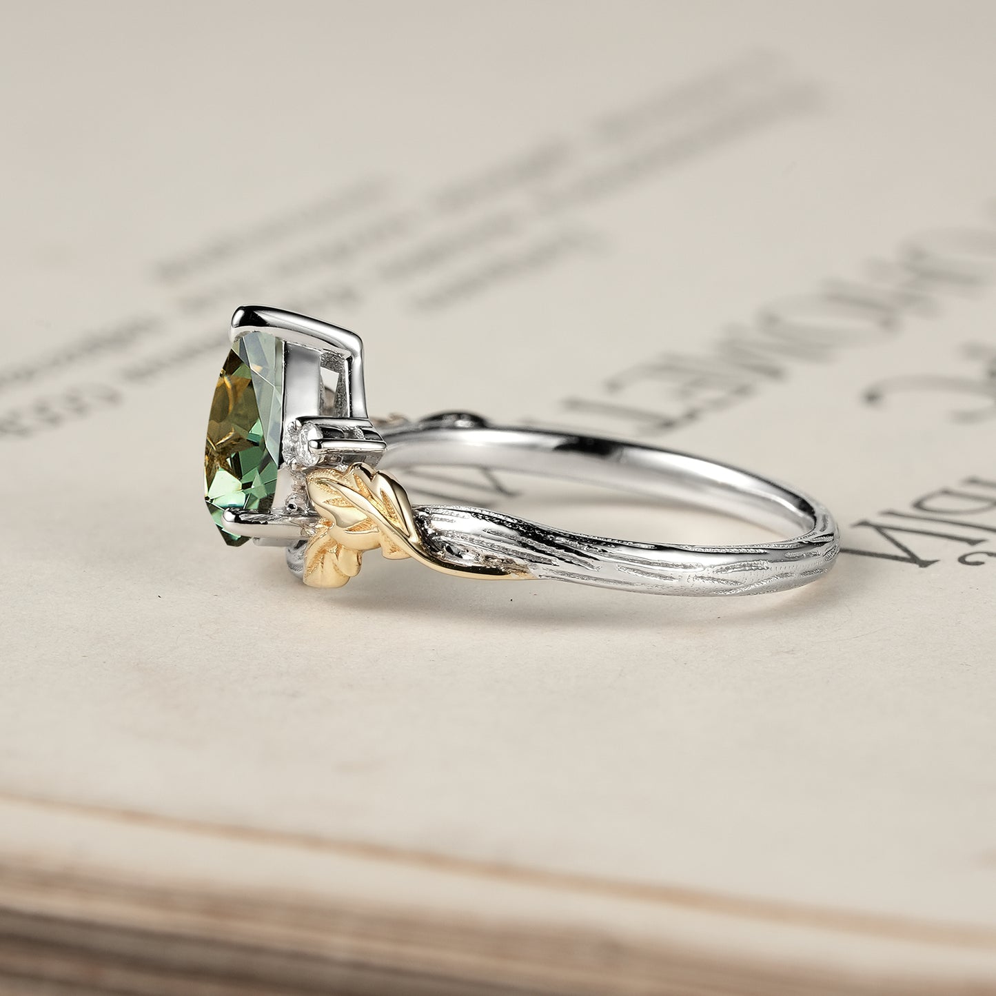 Forest Whispers: Leaf and Wood Pattern Green Sapphire Ring