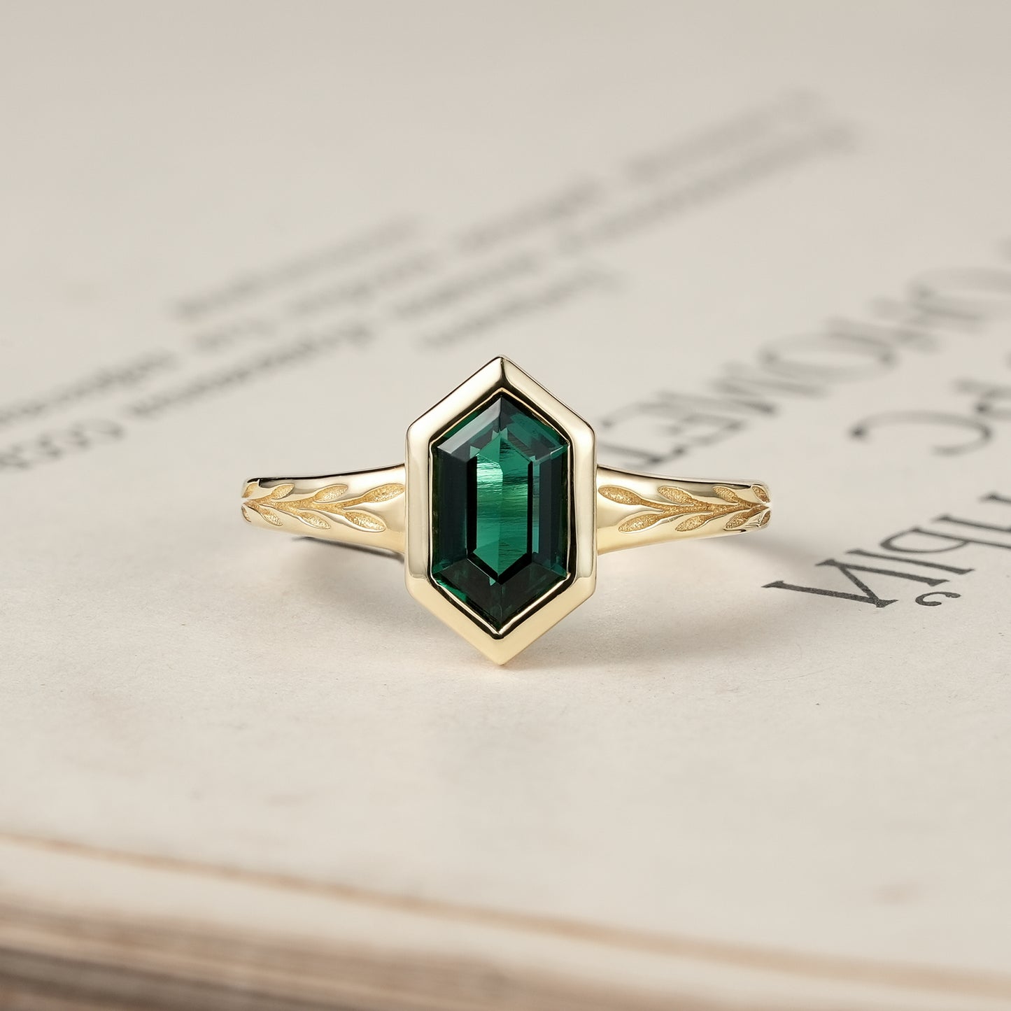 Golden Elegance: Hexagon Emerald Leaf Ring | Aria