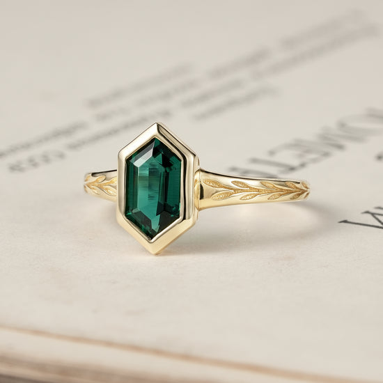 Golden Elegance: Hexagon Emerald Leaf Ring | Aria