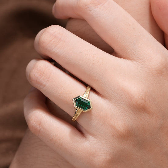 Golden Elegance: Hexagon Emerald Leaf Ring | Aria