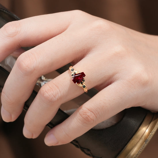 Nature's Embrace: Coffin Cut Ruby Leaf Ring - Lila