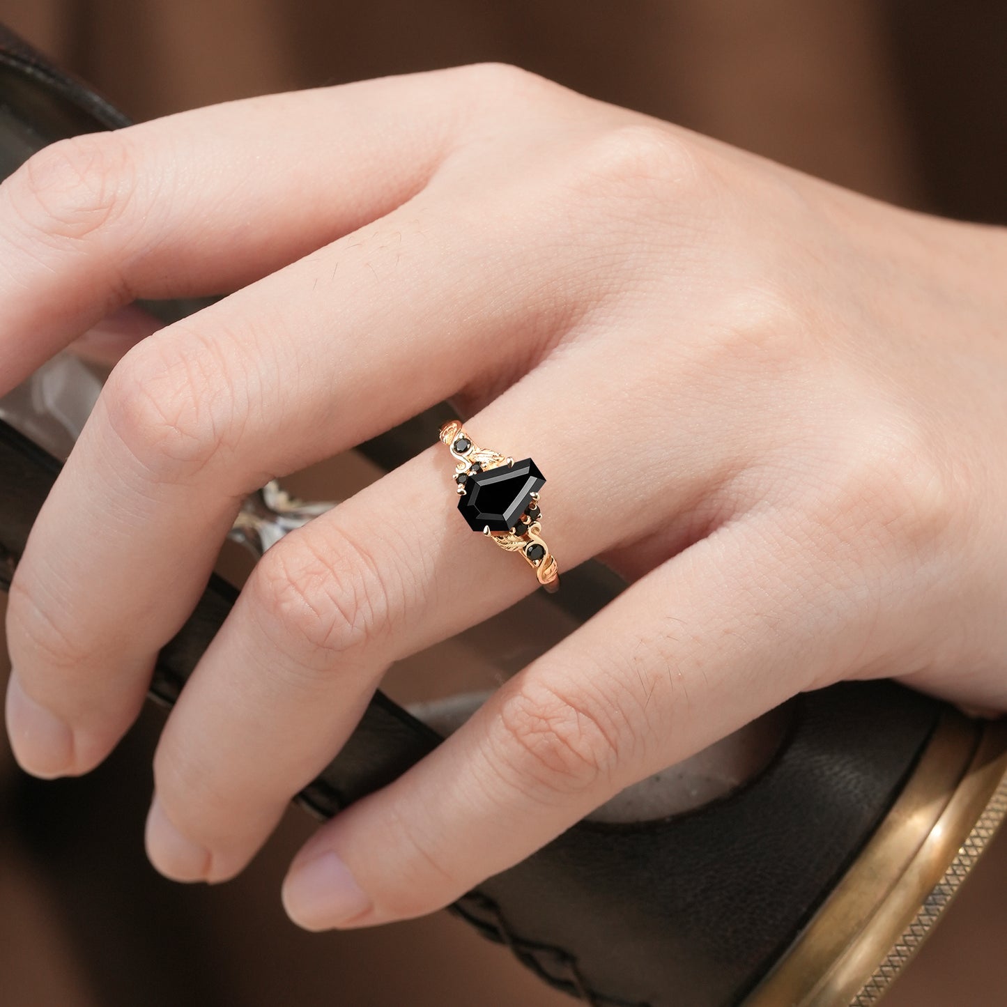 Nature's Embrace: Coffin Cut Black Onyx Leaf Ring - Lila