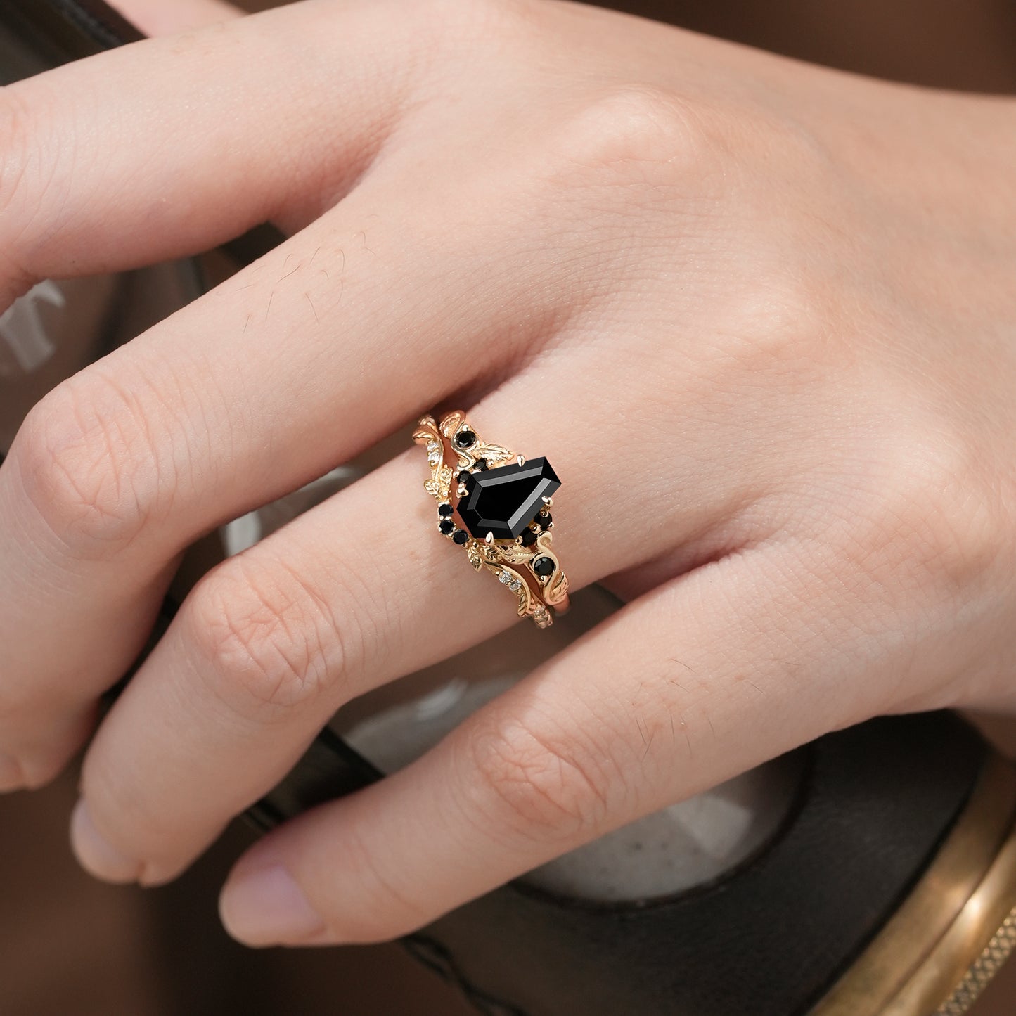 Nature's Embrace: Coffin Cut Black Onyx Leaf Ring Set - Penelope