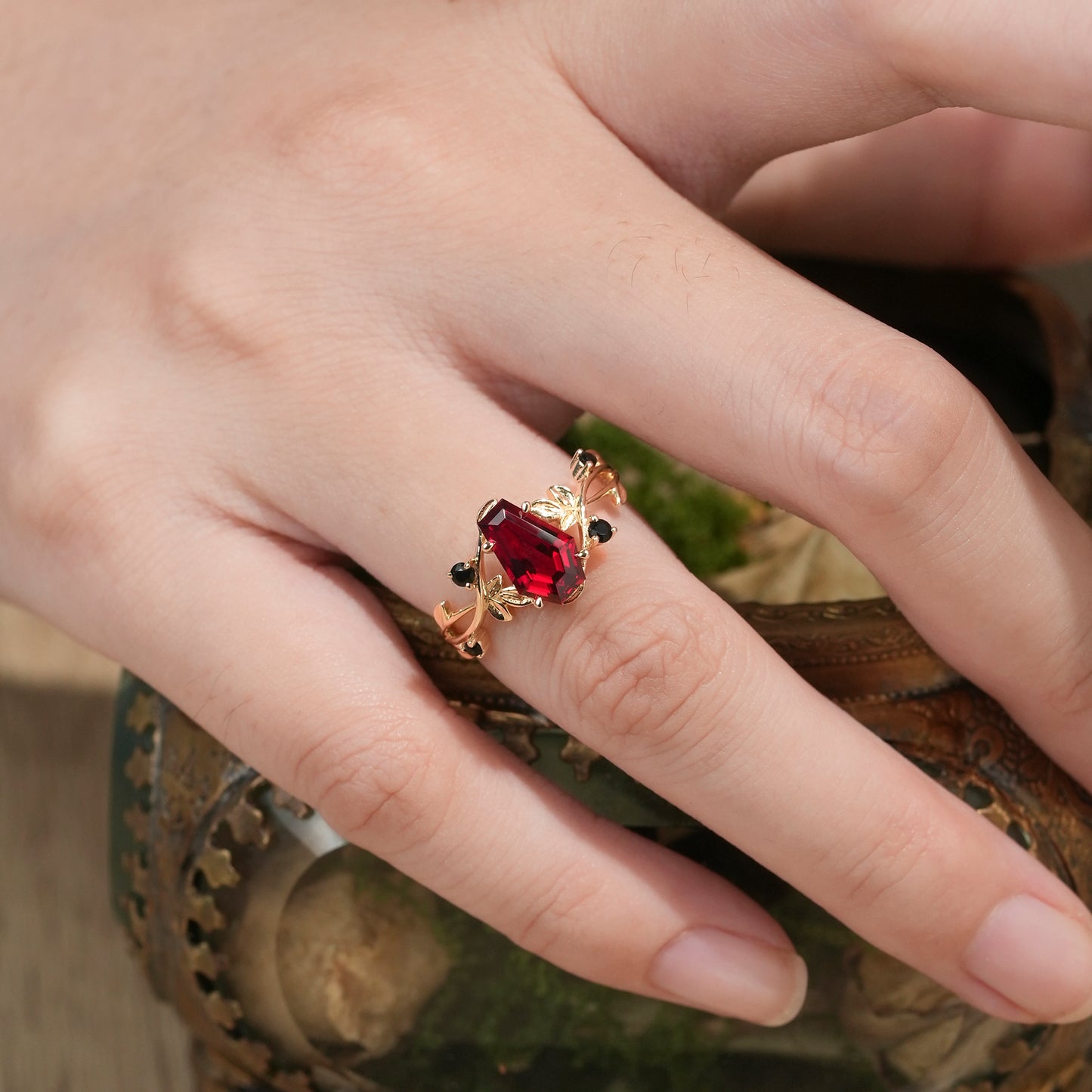 6x9mm Coffin Shaped Ruby Leaf Ring - Grace