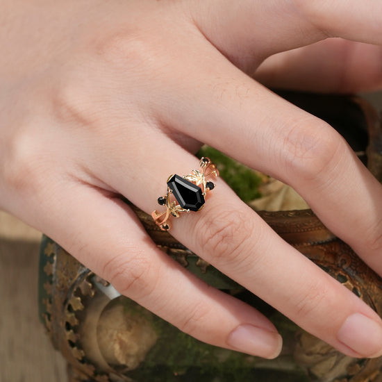 6x9mm Coffin Shaped Black Onyx Leaf Ring - Grace