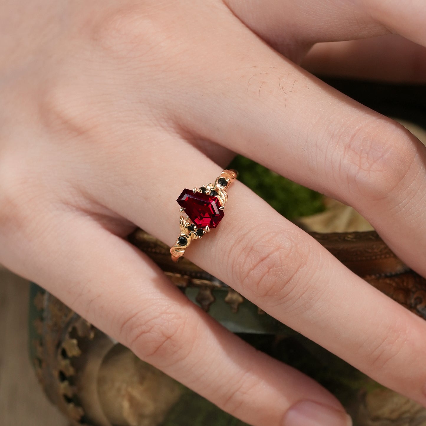 Nature's Embrace: Coffin Cut Ruby Leaf Ring - Lila