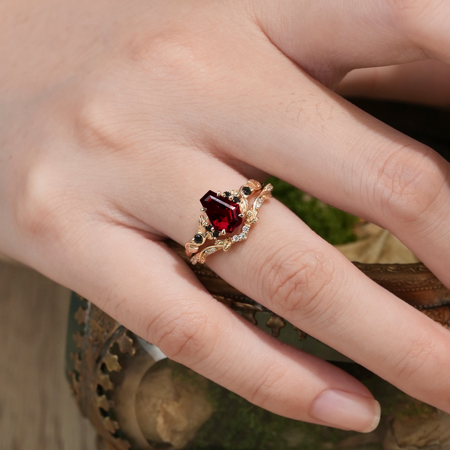 Nature's Embrace: Coffin Cut Ruby Leaf Ring Set - Penelope