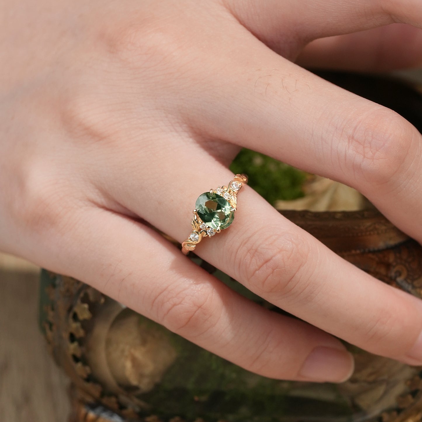 Nature's Embrace: Oval Cut Green Sapphire Leaf Ring - Lila