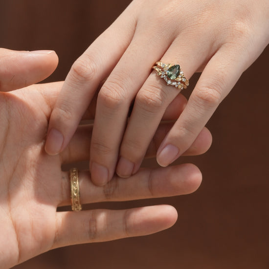 Nature's Embrace: Green Sapphire Leaf Couple Rings - Forever United