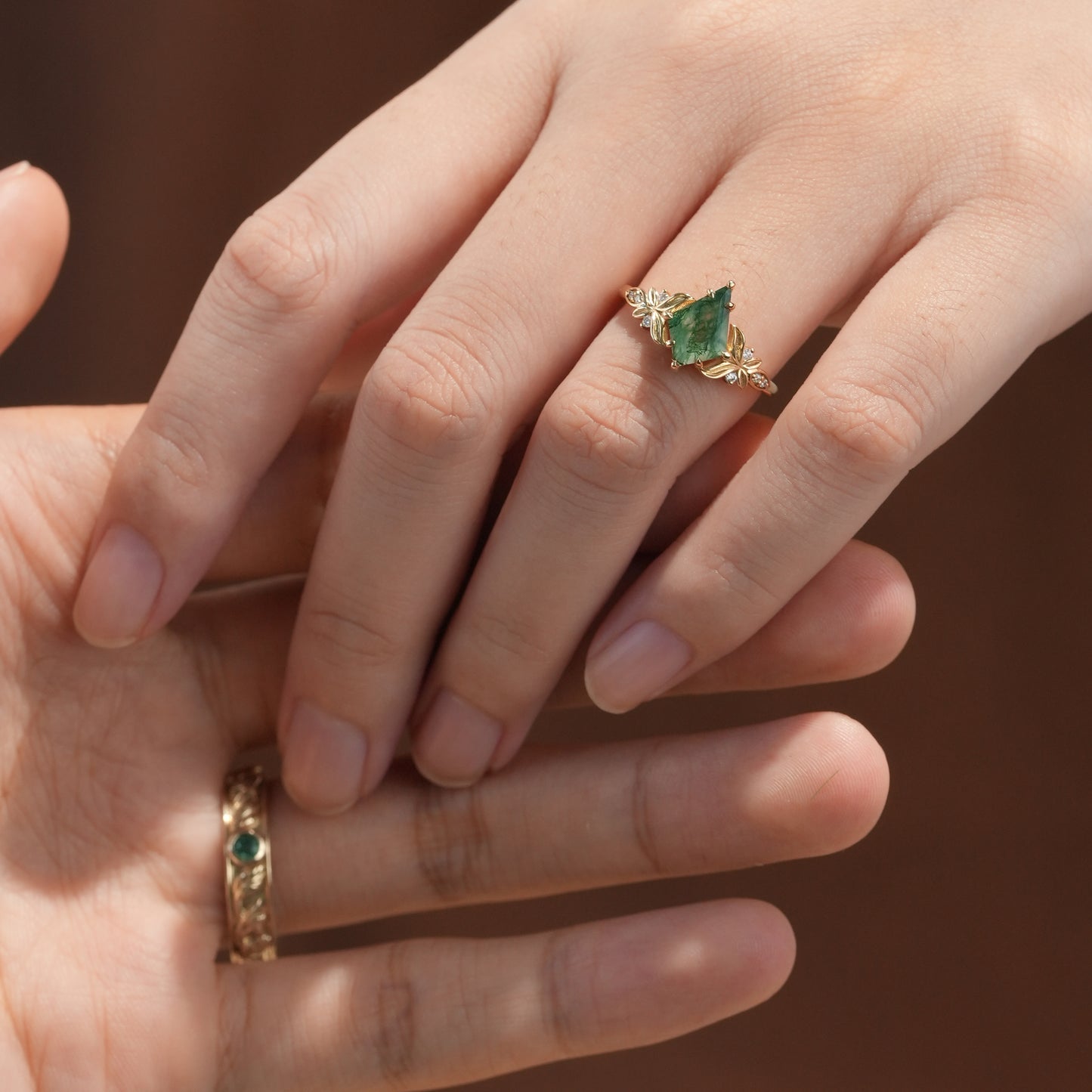 Kite Cut Moss Agate Leaf Couple Rings - Endless Devotion