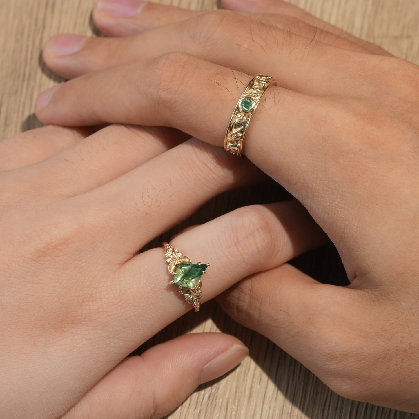 Kite Cut Moss Agate Leaf Couple Rings - Endless Devotion