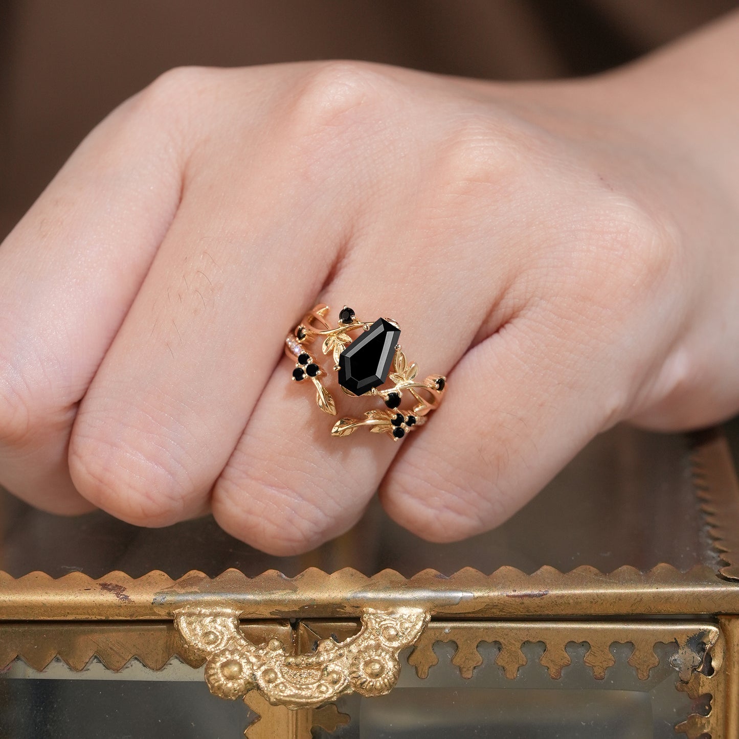 6x9mm Coffin Shaped Black Onyx Leaf Ring Set - Grace