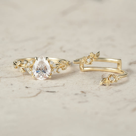 Rose Blossom: Pear Cut Moissanite Leaf Ring Set | Jade