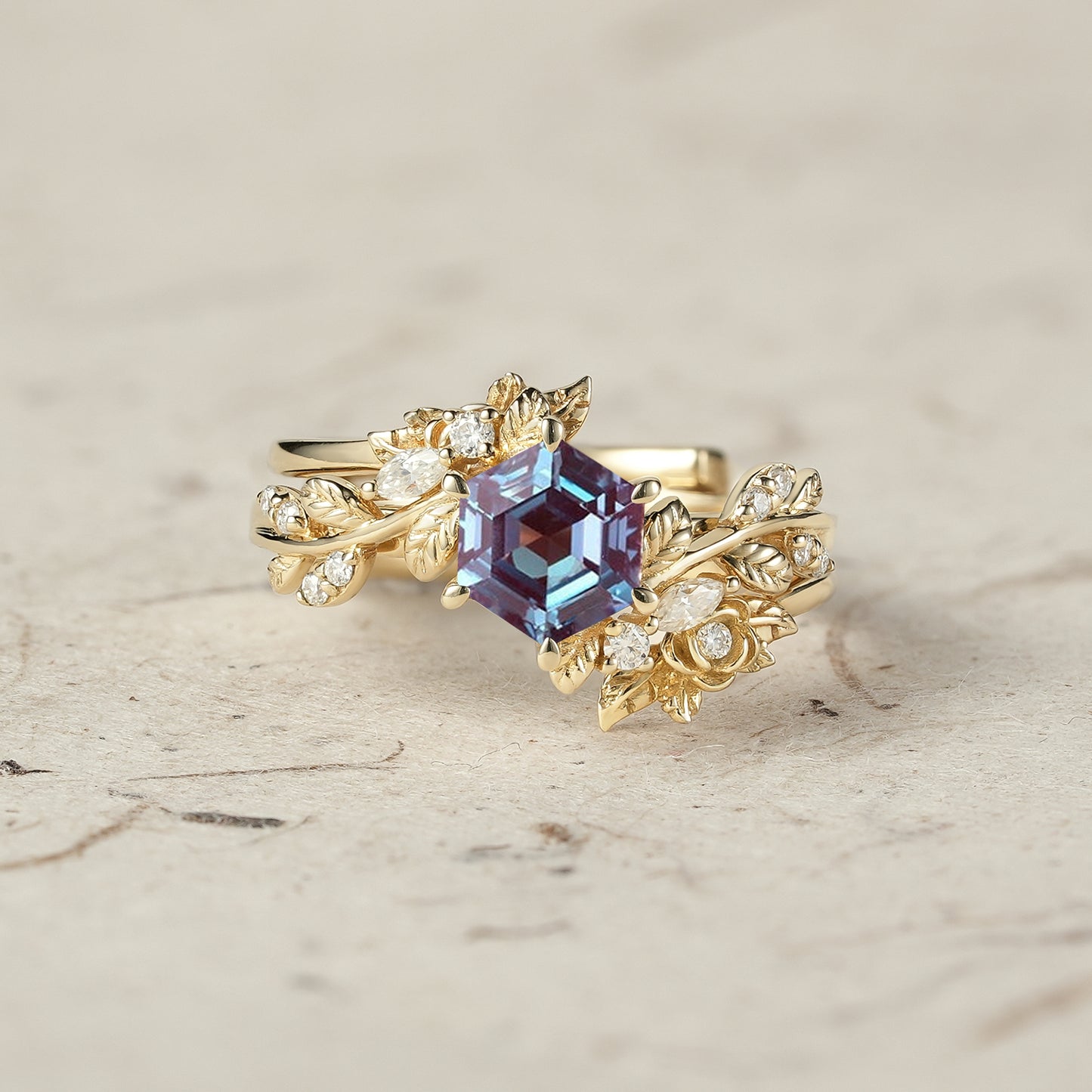 Rose Blossom | Hexagon Cut Alexandrite Engagement Ring Set - Delilah