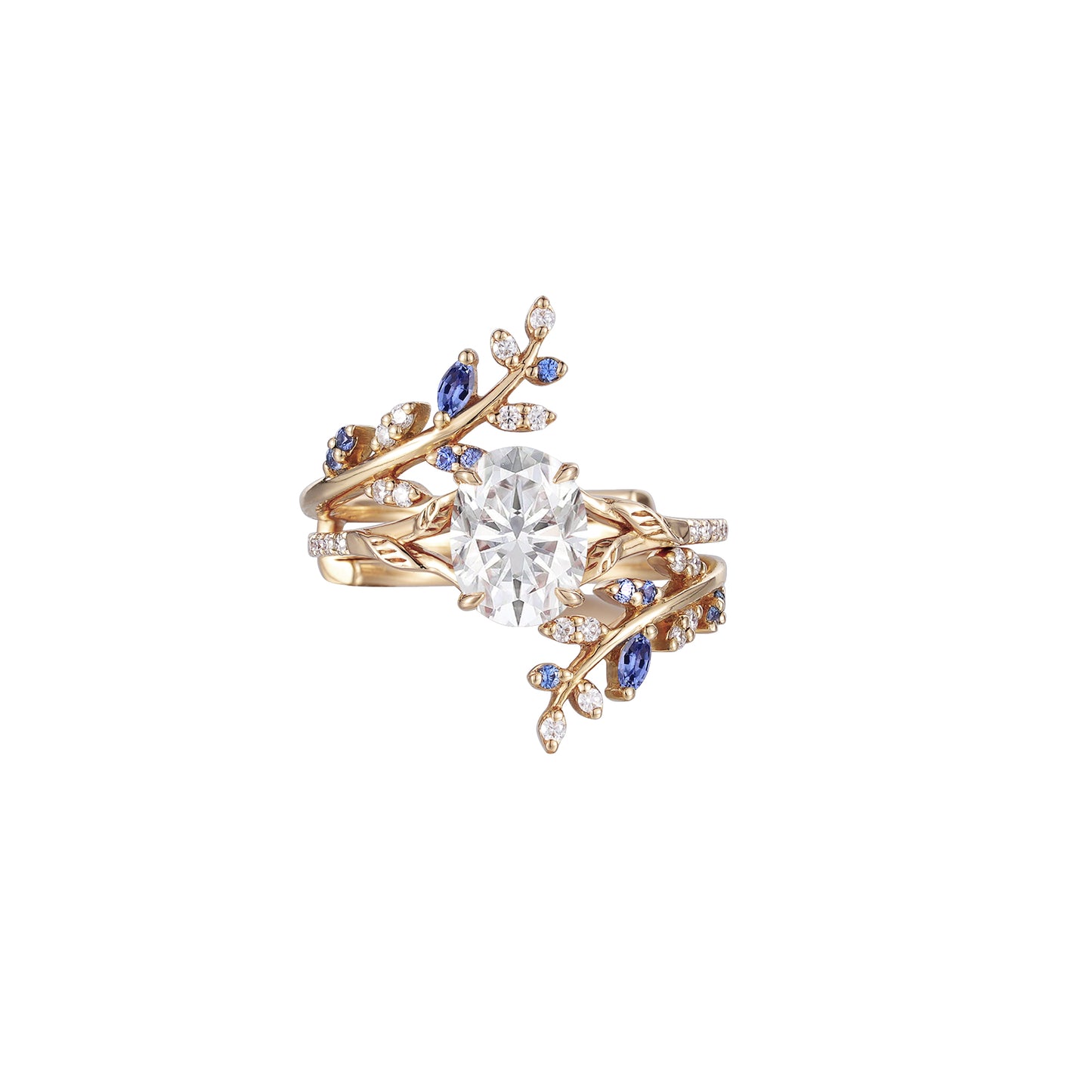 Nature-inspired oval moissanite engagement ring with sapphire accents and twisted band.