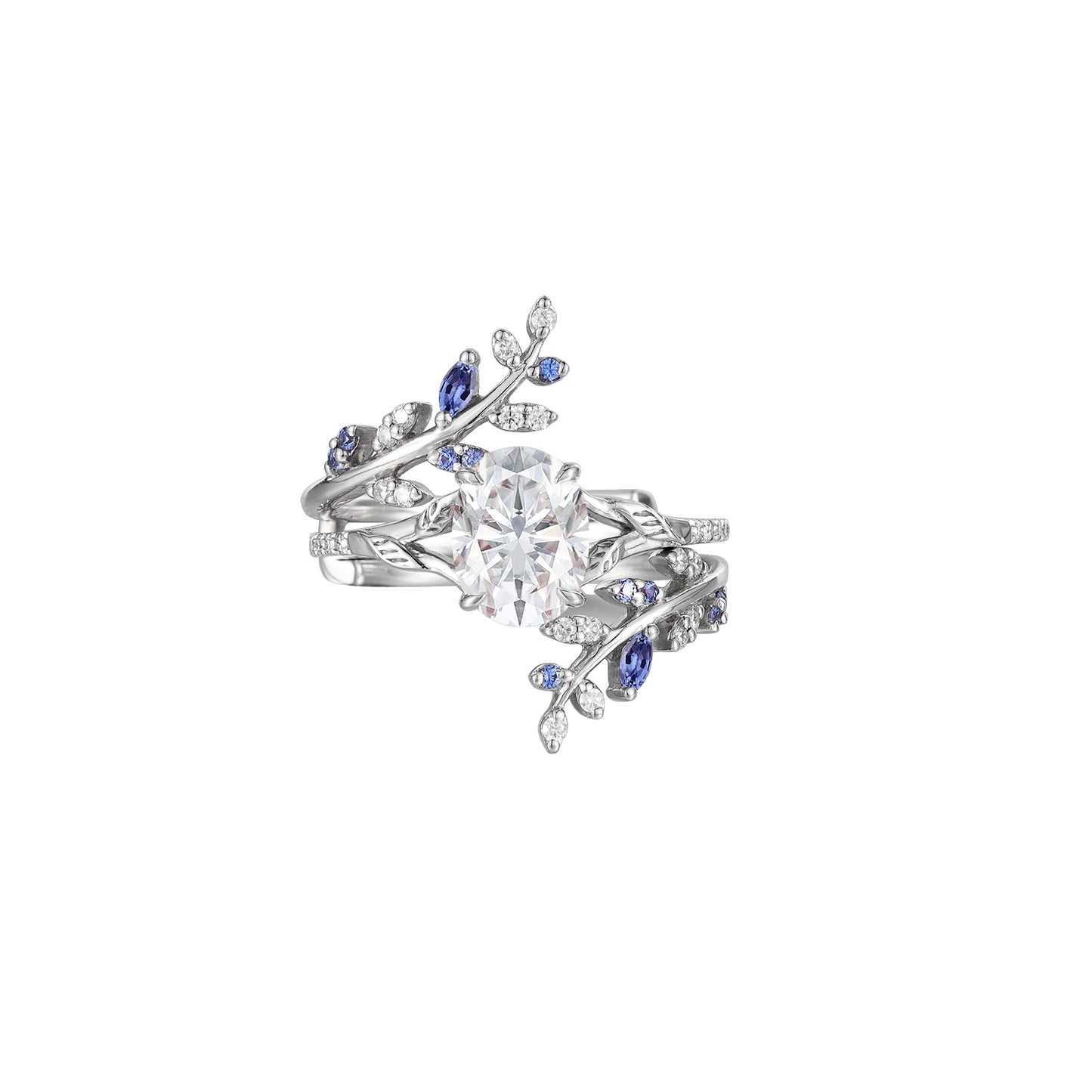 Oval moissanite engagement ring with sapphire accents in a leaf design.