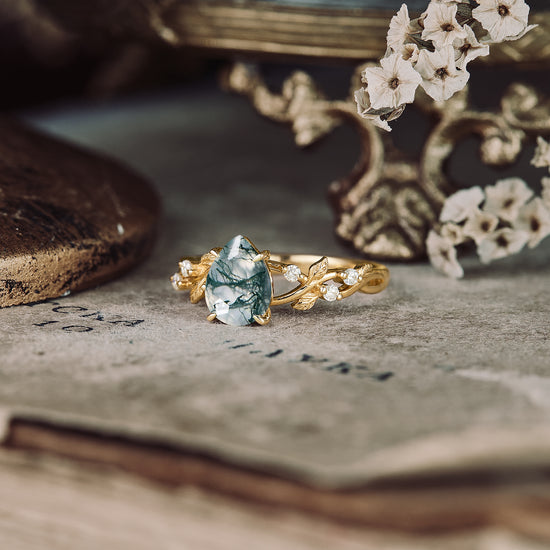 GemsMagic Moss Agate Leaf Engagement Ring