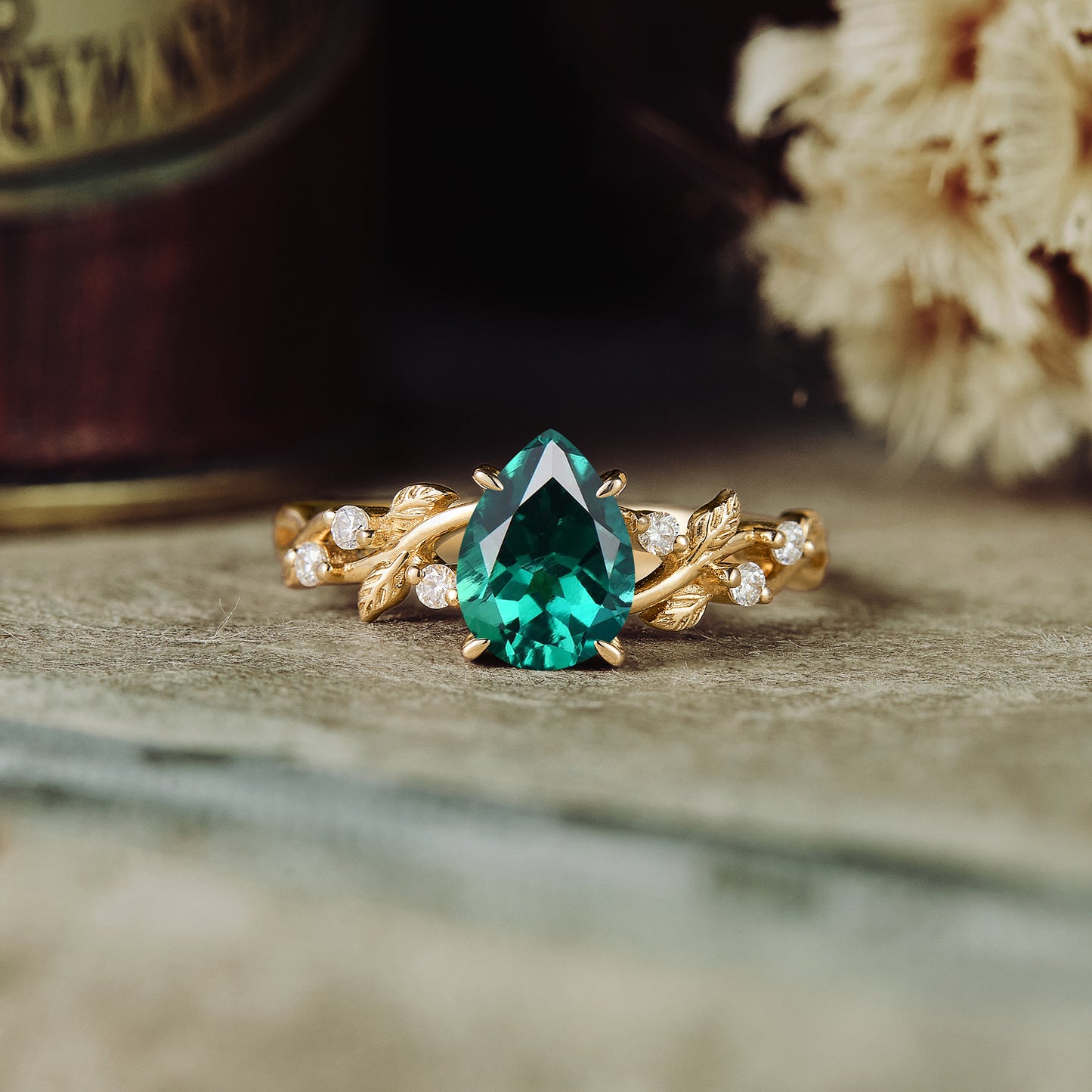 GemsMagic Emerald Leaf Engagement Ring