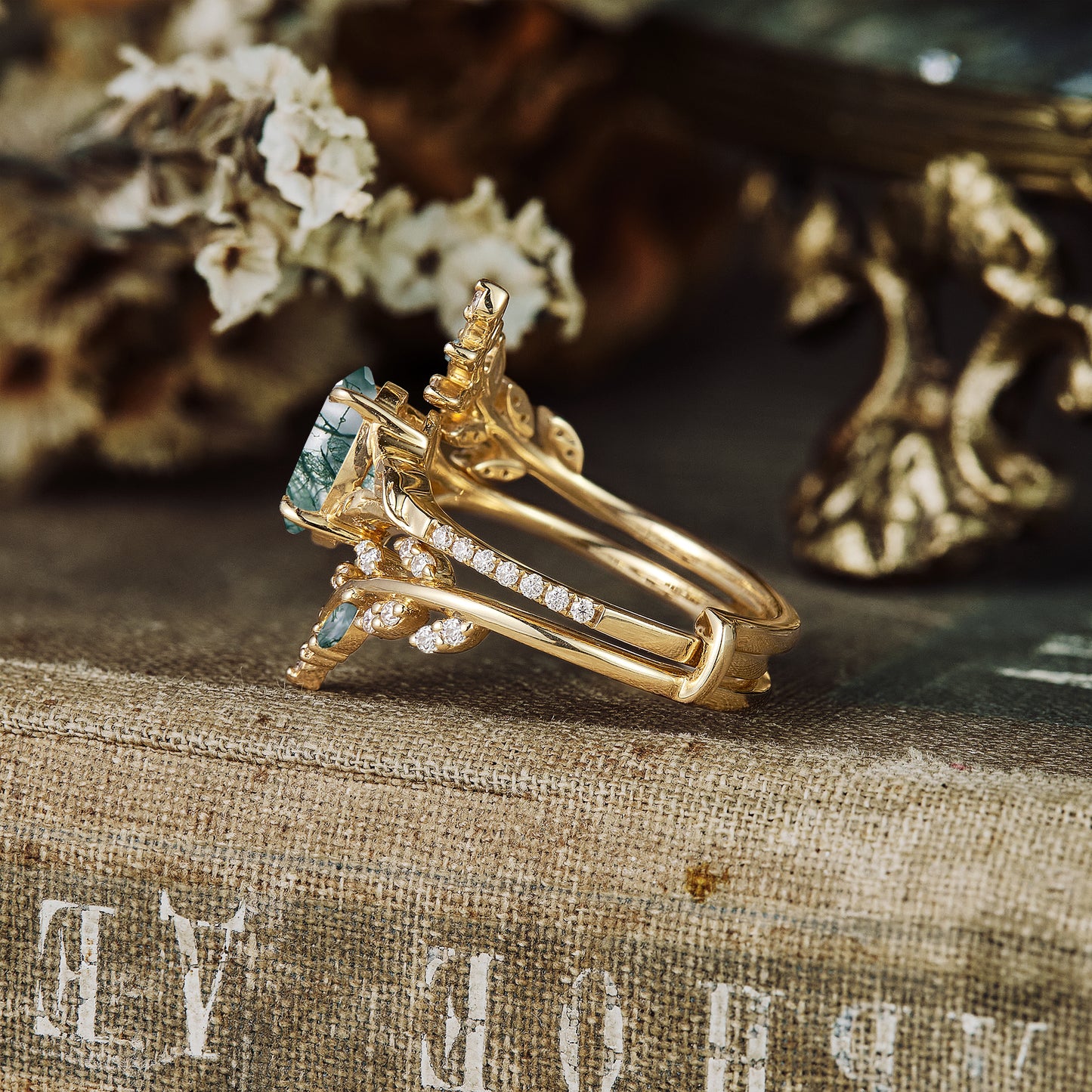 Aphrodite's Enchanted Vine | A Mythical Moss Agate Engagement Ring Set