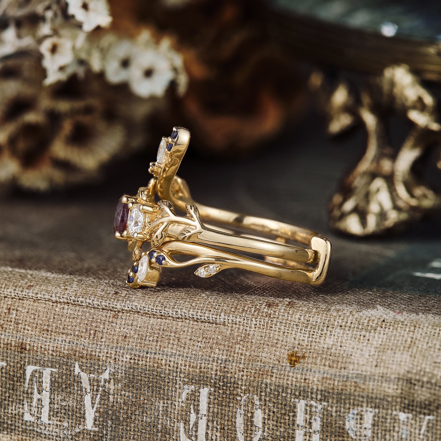 Cranberry vine-inspired gold ring set with lab alexandrite and sapphire accents